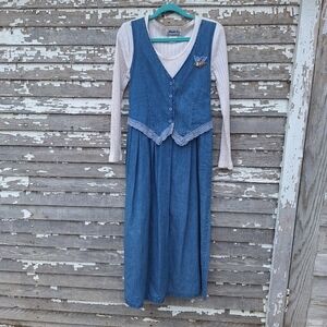 Vtg 80s Babydoll Tie Back Prairie Denim Jean Layered long sleeve T Dress Size 10